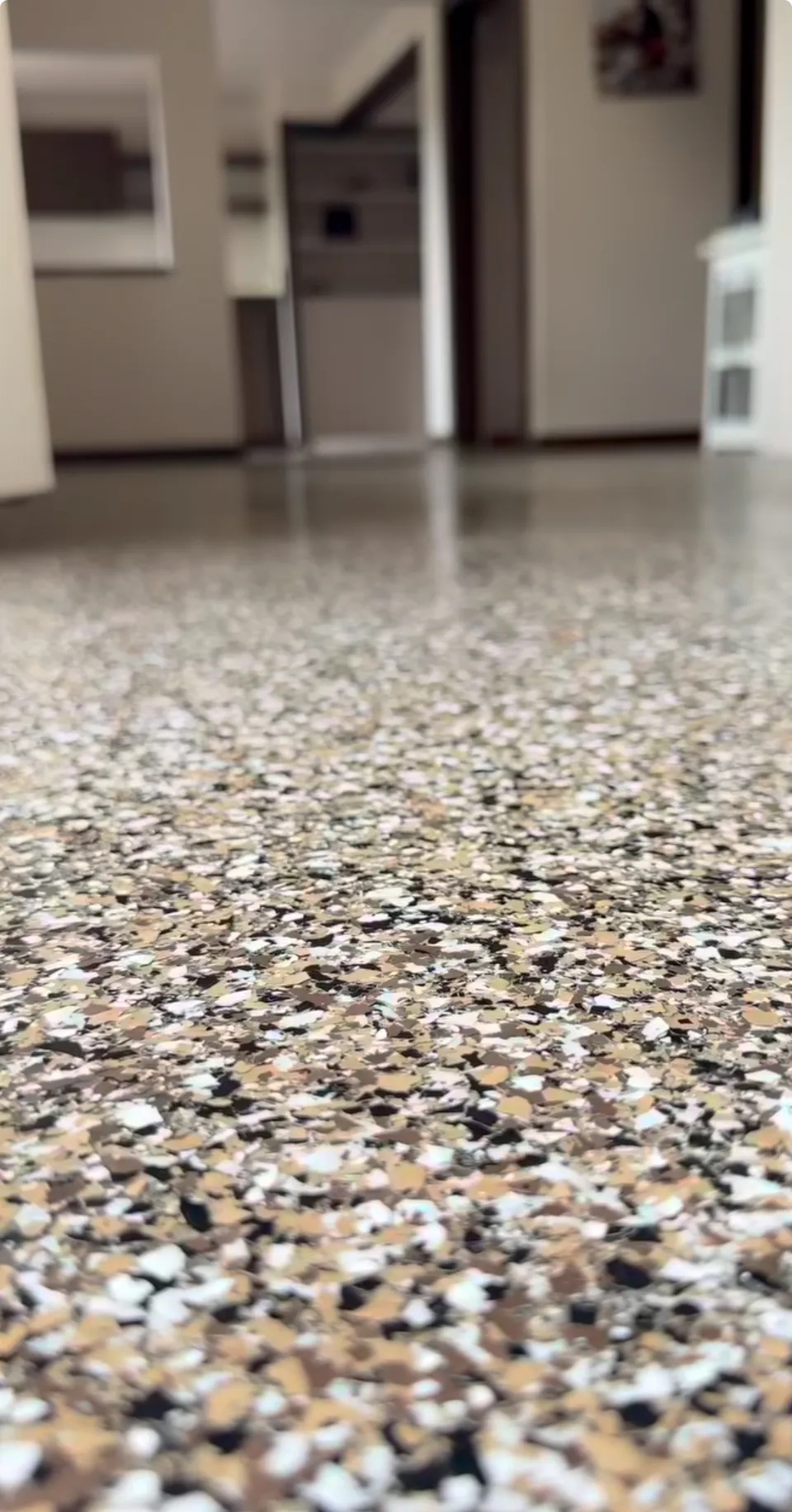 Tan, brown, black, and white flake floor leading into an interior space